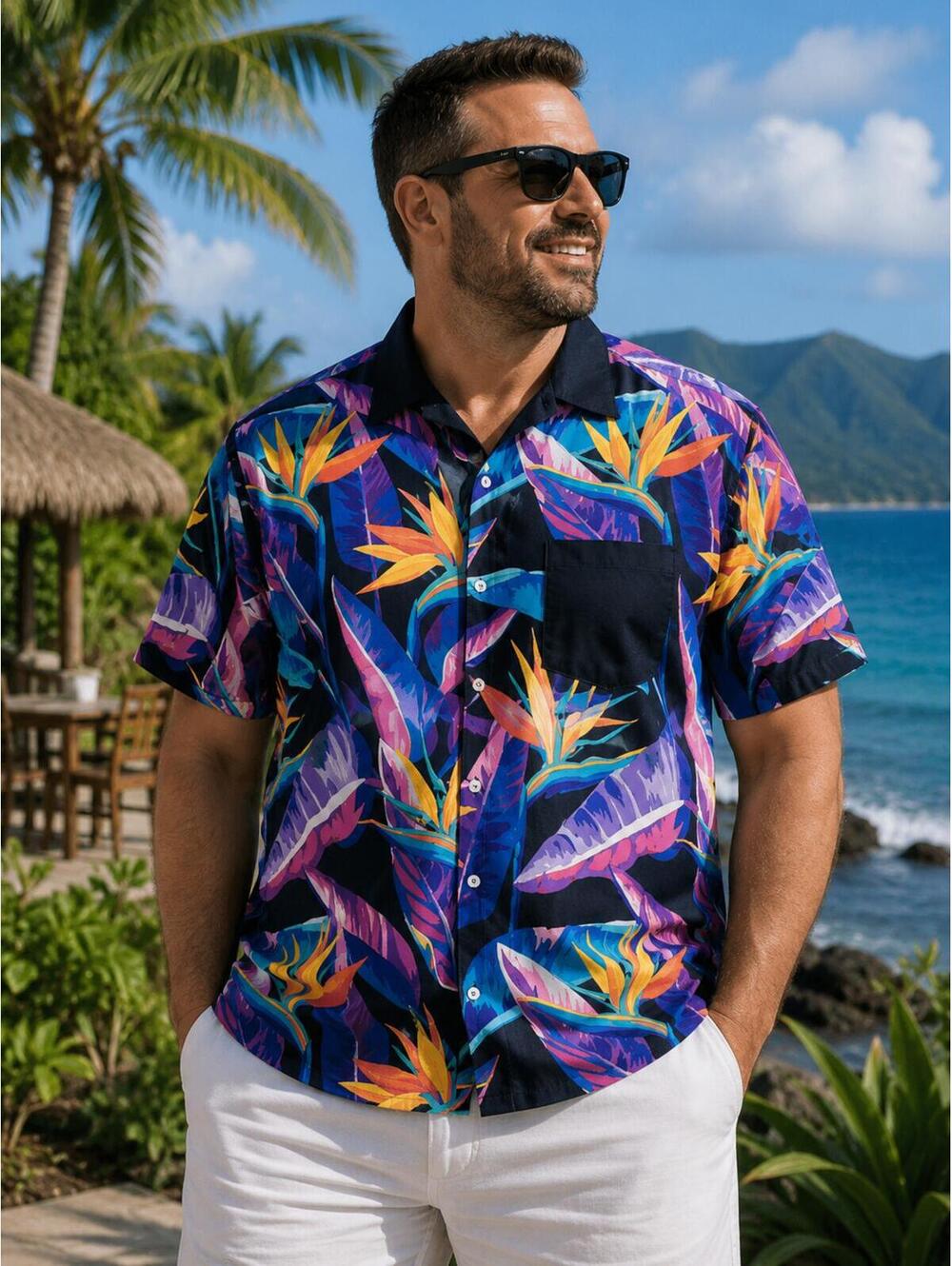 Men's Tropical Print Short Sleeve Button-Up Shirt 4XL